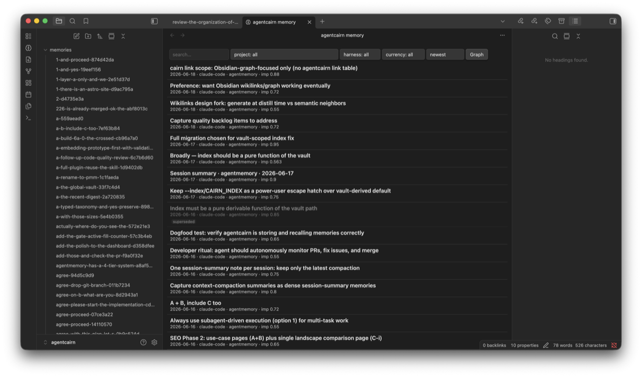agentcairn Memory view list mode in Obsidian: memory notes with date, harness, project, and importance; a superseded note is dimmed with a badge.
